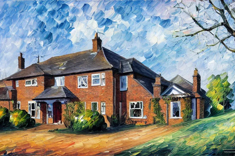 Prompt: cyberpunk, an estate agent listing photo, external view of a 5 bedroom detached countryside house in the UK, summer, sunny day, by Leonid Afremov