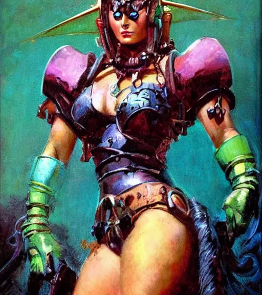 Image similar to portrait of strong female chaos angel, beautiful! coherent! by frank frazetta, by brom, strong line, vivid neon color, spiked scrap metal armor, iron helm maximalist