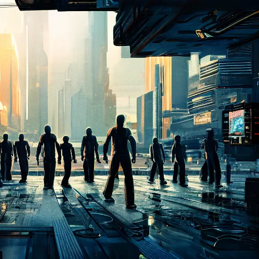 Image similar to award-winning cinematic still of a crowd of human clones, highly-detailed, establishing shot, cyberpunk style