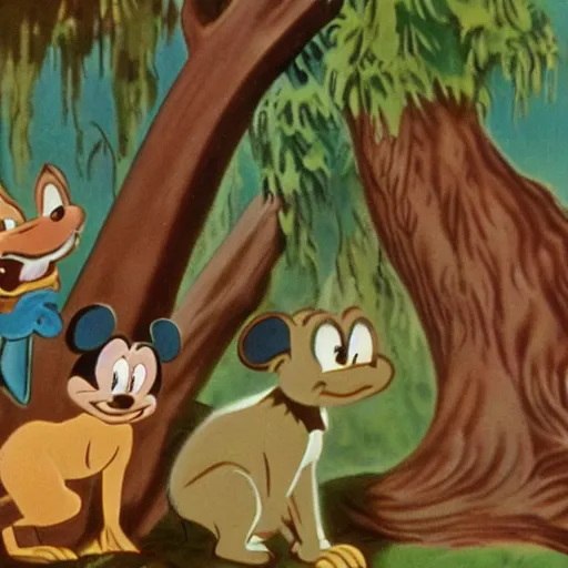 Image similar to 1940s disney film about talking forest animals super high detail