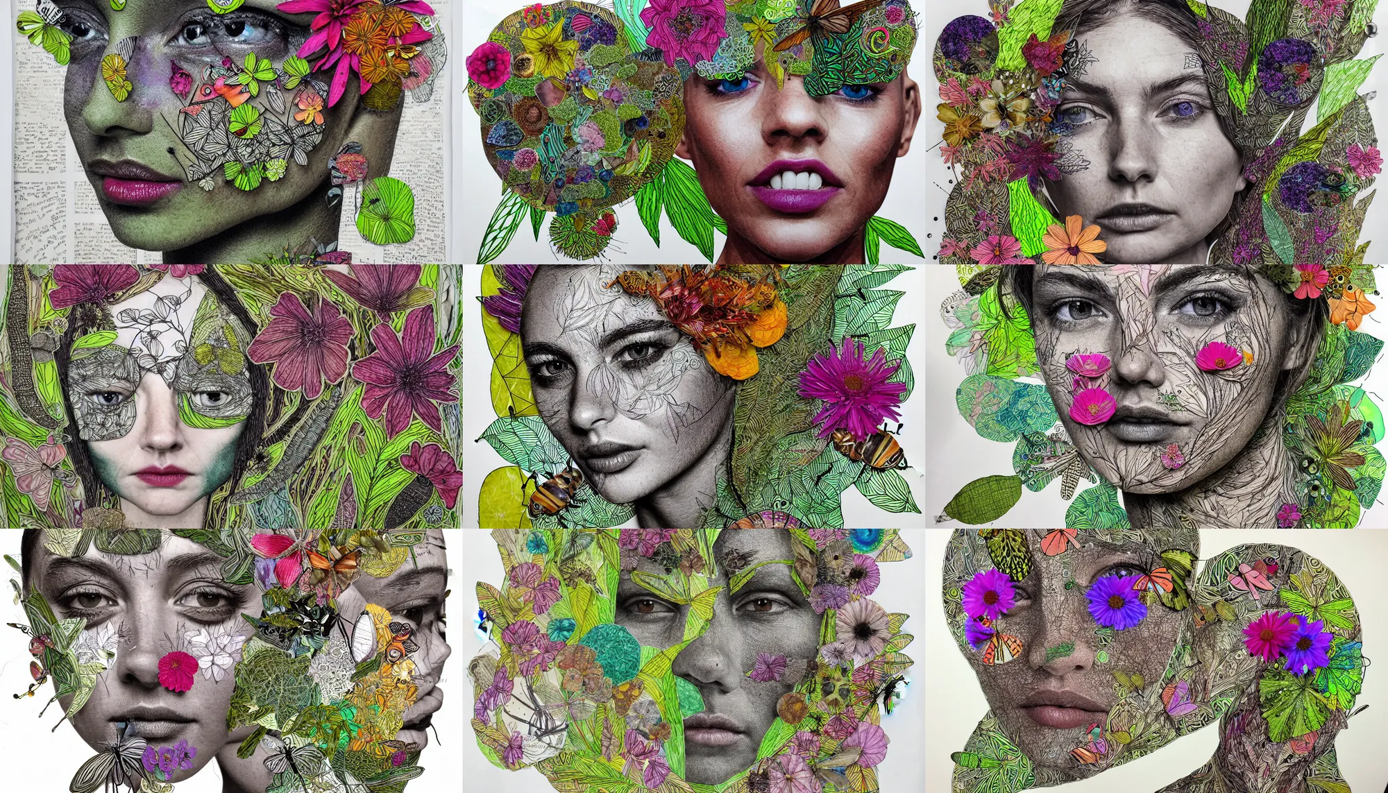 Prompt: rendered in blender hand cut images of colourful flora and fauna come together in lush and intricate composition of a face, insects, flowers, foliage, captivating, pen and ink doodles, mixed media, stained newspaper cuts, hyperrealism mixed with 2 d