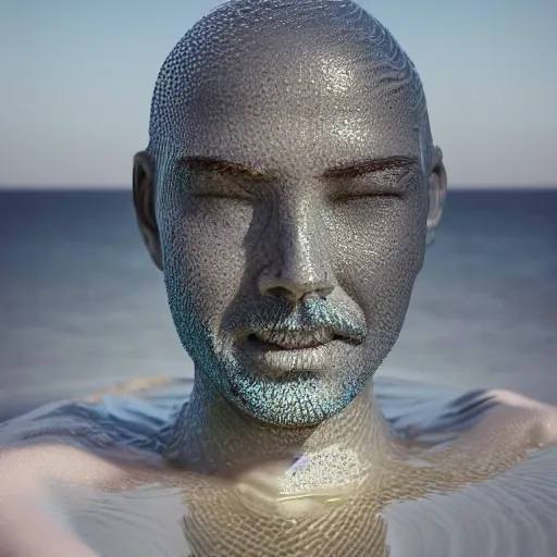 Image similar to a sculpture made of water in the shape of a human head, on the ocean water, water manipulation, behance, cinematic, in the style of johnson tsang, long shot, hyper detailed, hyper realistic, ray tracing, 8 k resolution, sharp focus, realistic water, award winning