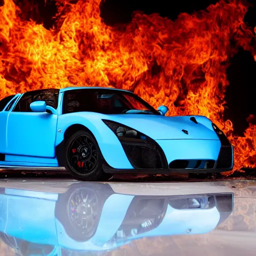Prompt: Baby Blue Noble M600 set on fire in a ghetto, neon white lighting, 8k UHD, studio photography, high quality, high detail, stunning lighting