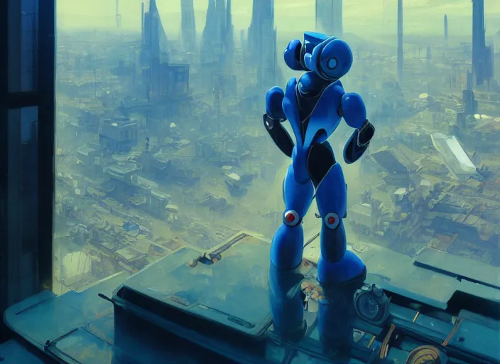 Image similar to megaman x still robotic man look at the cityscape from roof perfect face fine realistic face pretty face neon puffy jacket blue futuristic sci - fi elegant by denis villeneuve tom anders zorn hans dragan bibin thoma greg rutkowski ismail inceoglu illustrated sand storm alphonse mucha