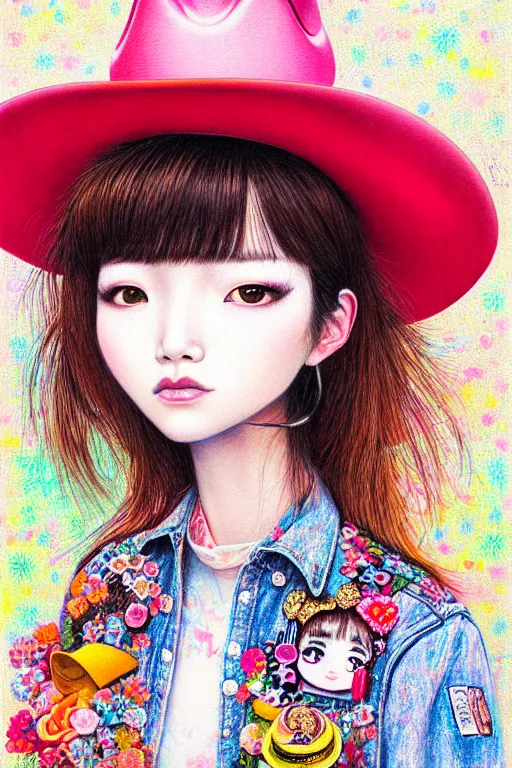 Image similar to girl wearing a cowboy hat, style of yoshii chie and hikari shimoda, highly detailed