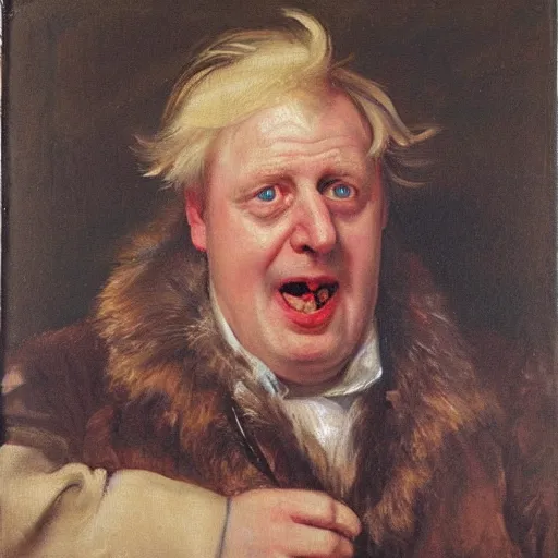 Prompt: boris johnson making a silly face, oil painting by jan matejko