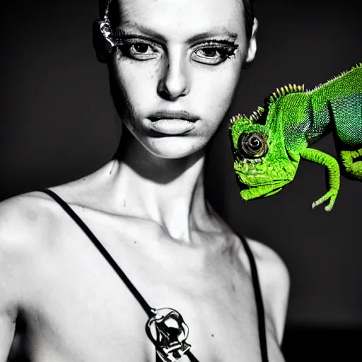 Image similar to fashion photography of an extraterrestrial model, holding a chameleon, wearing demobaza fashion, inside berghain, berlin fashion, harness, futuristic fashion, dark minimal outfit, photo 3 5 mm leica, hyperdetail, berghain, 8 k, very detailed, photo by nick knight