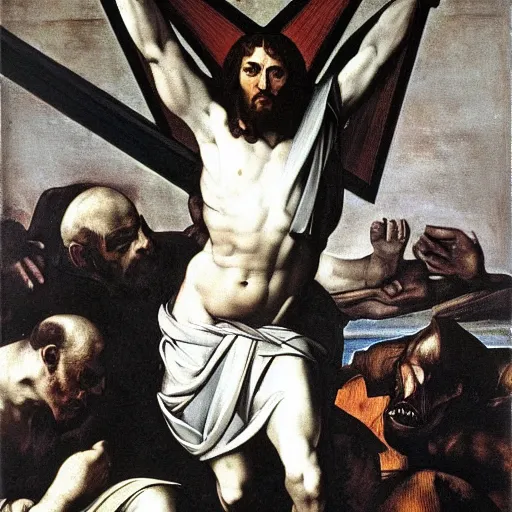 Prompt: Jesus Christ joining forces with Satan, God betrays humanity, Doom of mankind, Caravaggio