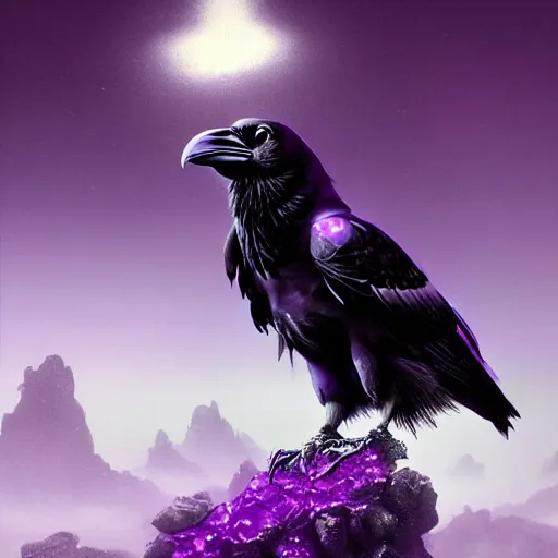 Image similar to portrait of a beautiful raven perched on purple crystals that are glowing in a misty valley, establishing shot, extremly high detail, foto realistic, cinematic lighting, by Yoshitaka Amano, Ruan Jia, Kentaro Miura, Artgerm, post processed, concept art, artstation, raphael lacoste, alex ross