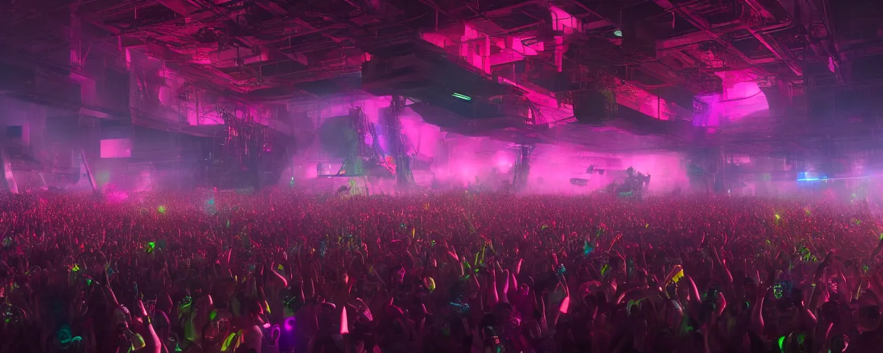 Image similar to Dystopian future, the DJ floats on a platform just above a huge crown of people dancing below to the Techno soundscape, lasers fill the scene with light of red, pink, green and purple, in the style of artgerm and greg rutkowski and alphonse mucha, concept art, ultra realism, photo realism, cgsociety, octane render, artstationHD, artstationHQ, unreal engine, 4k, 8k