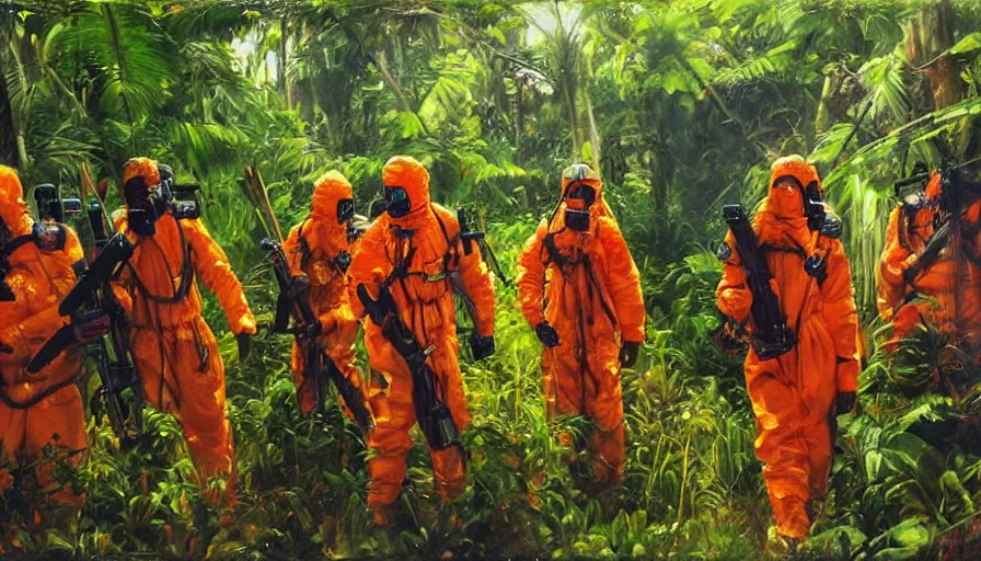 Prompt: intense vibrant film still of a unit of people in hazmat suits, using flamethrowers in the jungle, oil painting by john singer sargent, stunning detailed artwork by eugene von guerard adrian smith