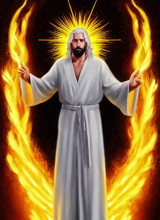 Image similar to « portrait of the white - haired jesus in a white robe and flaming yellow eyes, holding seven stars in right hand, high - contrast, intricate, elegant, highly detailed, digital painting, artstation, concept art, smooth, sharp focus, illustration »