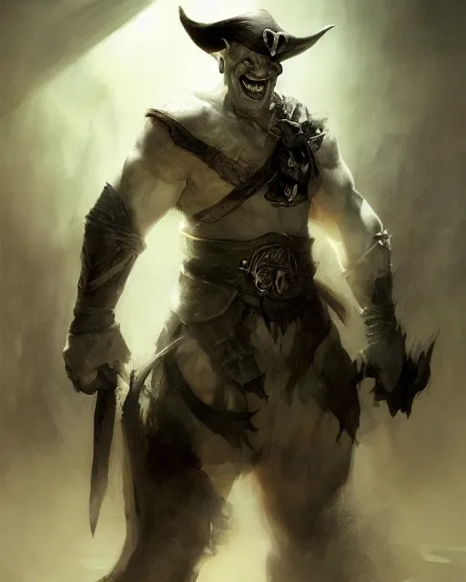 Prompt: portrait of a pale skin self confident smiling orc with a pirate hat, dramatic lighting concept art by craig mullins and ruan jia and raphael lacoste, trending on artstation