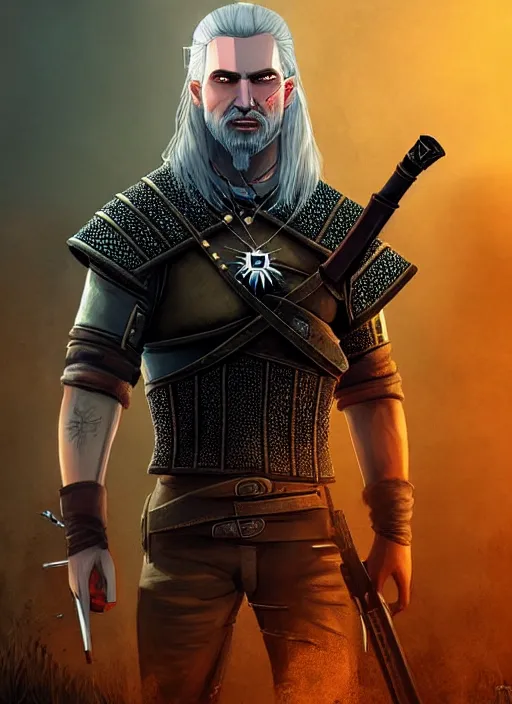 Prompt: portrait of a witcher holding a gun, the witcher has a half shaved head and tattoos, the witcher holding a pistol points downwards, the witcher holding a pistol is only one and stands in a ruined city. by Ciryl Rolando, hyperrealistic illustration, digital art, studio lightning, very detailed faces