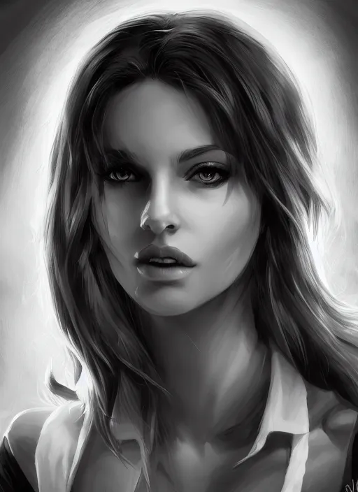 Prompt: headshot of a beautiful woman in black and white, art by diego fazio and diegoKoi, concept art, sharp focus, artgerm, 8k highly detailed