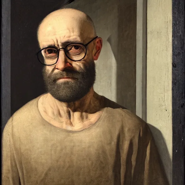 Prompt: realist painted portrait of a rugged bald middle aged man wearing glasses, with an aquiline face, broken nose, and greying beard, standing in a dark doorway
