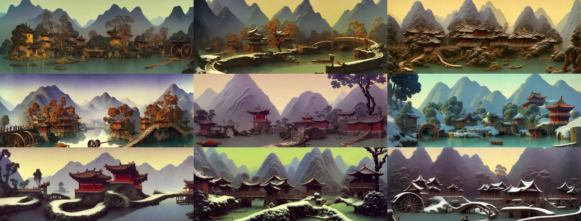 Image similar to a gorgeous early winter landscape painting by barlowe wayne maxfield parrish and marco mazzoni!! chinese village. china waterwheel. the winding steps. ultra clear detailed. 3 d, octane render. yangzi river. fog