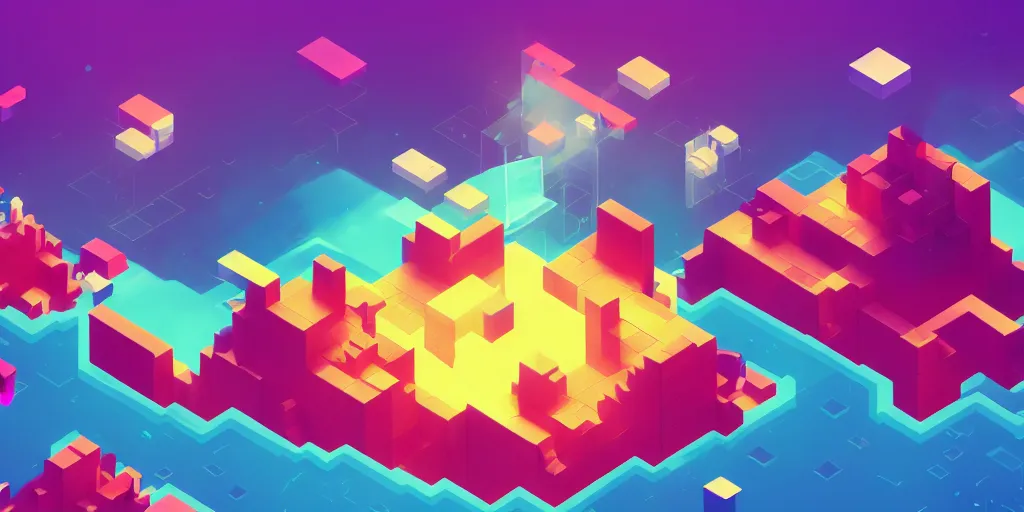 Prompt: isometric videogame screenshot, seperate floating islands, neon, space background, blocks, axure tones, ocean, clouds, mountains, plastic sheen, lensflare, sparkles, glow, shine