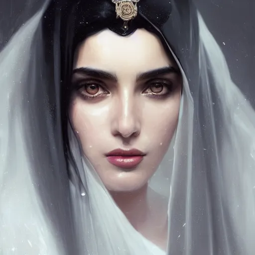 Prompt: a Photorealistic dramatic render of greek arab ameera al taweel, white eyes, wavy black hair, white veil, by WLOP, Artgerm, Greg Rutkowski, Alphonse Mucha, Beautiful dynamic dramatic dark moody lighting,shadows,cinematic atmosphere,Artstation,concept design art,Octane render,8K