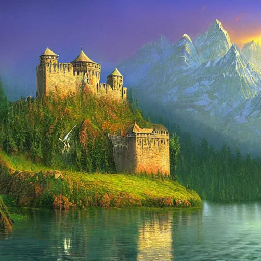 Image similar to fortress in the back country beside a lake, Darrell k sweet, digital art