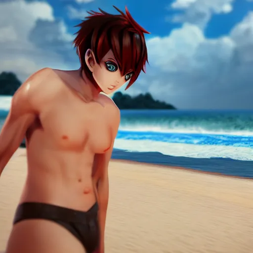 Image similar to HOT Anime man on the beach, cinematic lightning, medium shot, mid-shot, highly detailed, trending on artstation, Unreal Engine 4k,