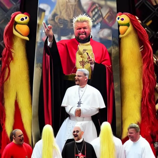 Image similar to guy fieri dressed as the pope, standing on a horse, the horse is staring at him, the crowd is filled with muppets, award winning photo,