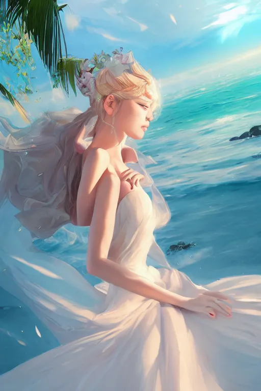 Image similar to a beautiful fashion goddness of love, chic strapless dress, tropical sea background, character design, in the style of artgerm, and wlop, cinematic lighting, hyperdetailed, 8 k realistic, symmetrical, global illumination, radiant light, frostbite 3 engine, cryengine, dof, trending on artstation, digital art