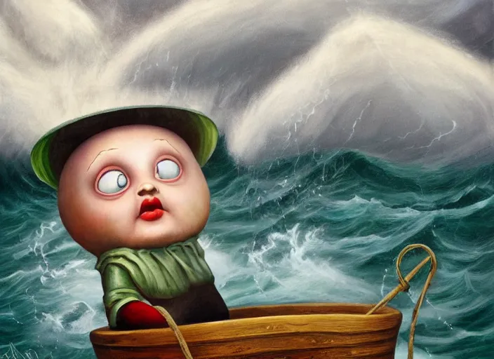 Prompt: a terrified garden gnome sailing in a bucket, background of raging ocean on a stormy with dramatic clouds, an ultrafine detailed painting by mark ryden, trending on deviantart, pop surrealism, whimsical, lowbrow, danger, perfect symmetrical face