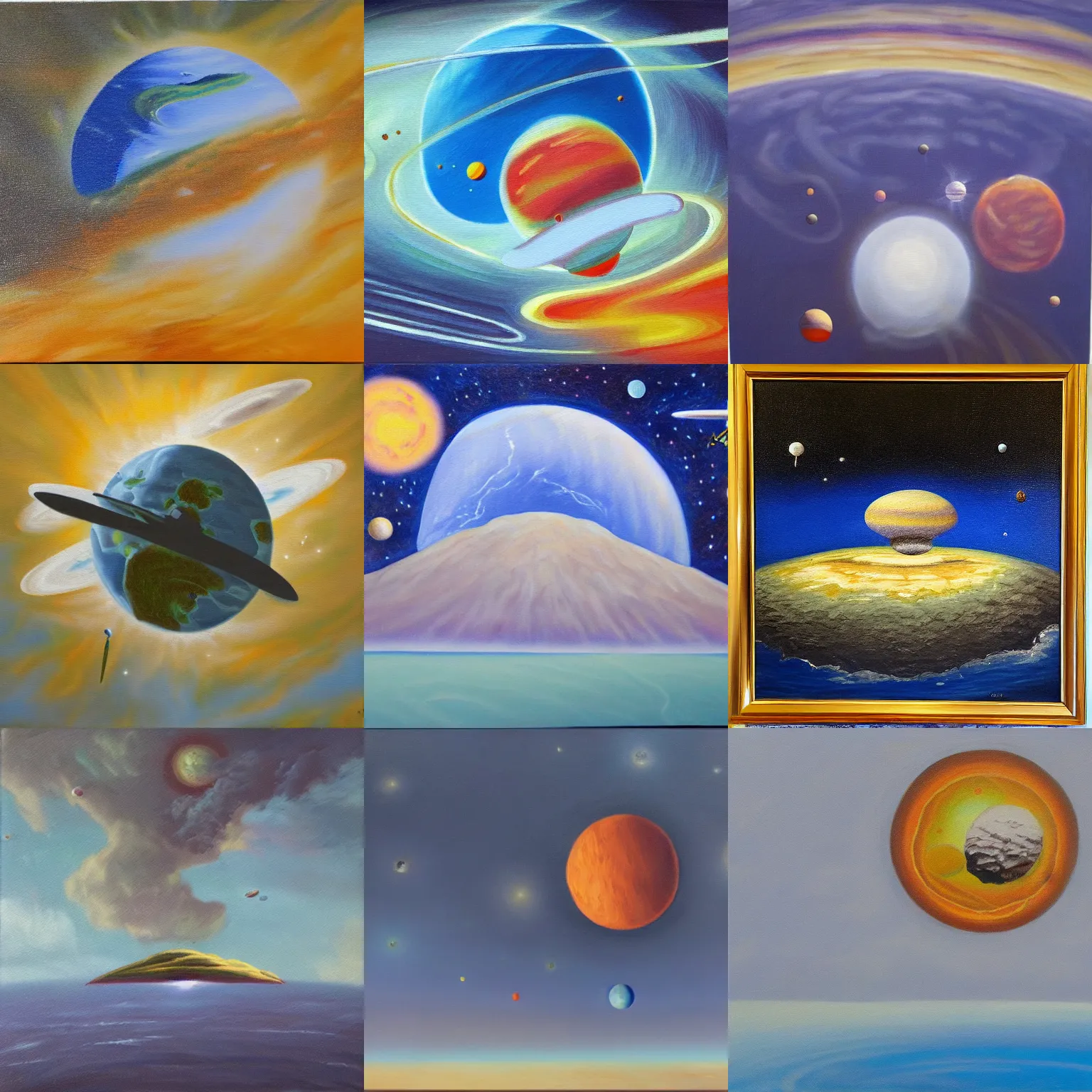 Prompt: oil painting of a hovering island in space, aerial, planets, flying rock