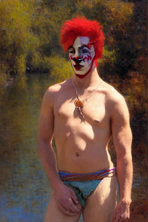 Image similar to attractive man by a river, bright sunlight, oil covered skin, wearing a clown wig and clown makeup, painting by gaston bussiere, craig mullins