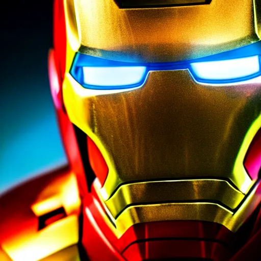 Prompt: Iron man, close up shot, neon, futuristic, photorealistic, 8K, reflection on helmet,