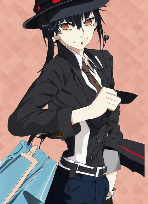 Prompt: key anime visual of a beautiful girl wearing a beige beret and blue shirt; long black hair; in the artstyle of Persona, Persona video game art