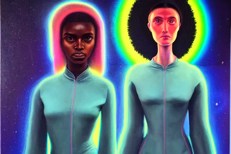 Image similar to patron saint of 🛸🌈👩🏾, futuristic jumpsuit, neon god of city character portrait, in the style of margaret keane, moebius, tom bagshaw, and waterhouse, cinematic lighting, beautiful, elegant, oil painting,