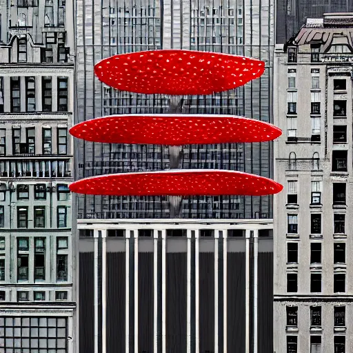 Prompt: a building of the shape of an amanita muscaria in the New York skyline, photorealistic