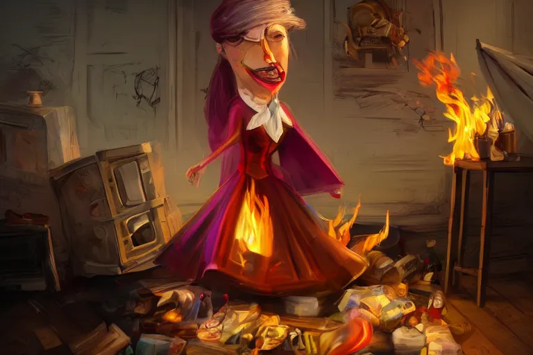 Prompt: a crazy opera singer hurries up to pack daughter's things in suitcase, surrounded with fire, clothes are flying around in room, digital art, trending on artstation