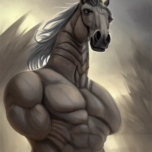 Image similar to an enormously muscular anthro horse experimental supersoldier in a research facility wearing a skintight body armor with chemical injectors, long white mane, equine, anthro art, furaffinity, highly detailed, digital painting, artstation, concept art, illustration, art by artgerm, greg rutkowski, ruan jia