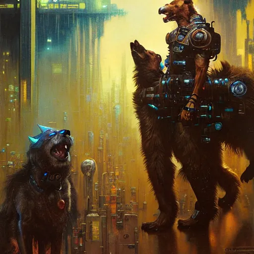 Image similar to portrait german dogman canine nerd neuromancer. spaceship futuristic city. shadowrun cyberpunk fantasy d & d painting by gaston bussiere craig mullins jc leyendecker gustav klimt artgerm greg rutkowski john berkey, bergey, craig mullins, ruan jia, raymond swanland, tom lovell