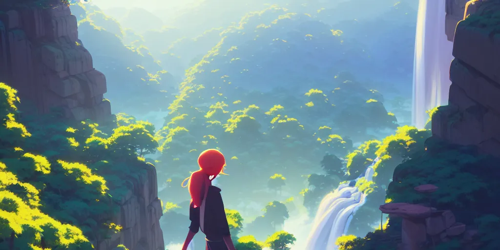 Image similar to evergreen valley, several waterfalls, ancient city, tall marble buildings, landscape, global illumination, morning light, radiant light, bird's eye view, by makoto shinkai and lois van baarle, ilya kuvshinov, rossdraws, tom bagshaw,