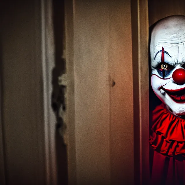 Image similar to creepy clown in a house at night, highly detailed, 8 k, hdr, smooth, sharp focus, high resolution, award - winning photo