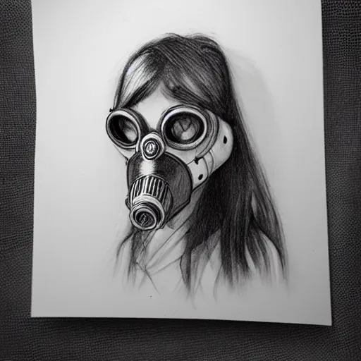 Prompt: Portrait of a woman, long hair, gas mask, pencil sketch, concept art