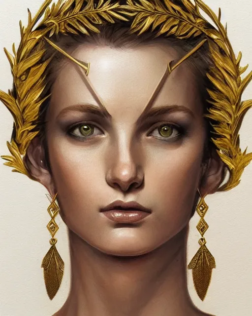 Image similar to front view of beautiful aphrodite greek goddess wearing a gold laurel wreath and triangle earrings, realism tattoo sketch, beautiful piercing eyes with sharp pupils, beautiful blonde hair, in the style of greg rutkowski, fantasy, amazing detail, epic, elegant, smooth, sharp focus