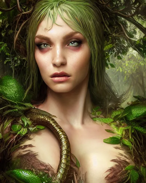 Prompt: portrait high definition photograph female fantasy character art, hyper realistic, pretty face, hyperrealism, iridescence water elemental, snake skin armor forest dryad, woody foliage, 8 k dop dof hdr fantasy character art, by aleski briclot and alexander'hollllow'fedosav and laura zalenga