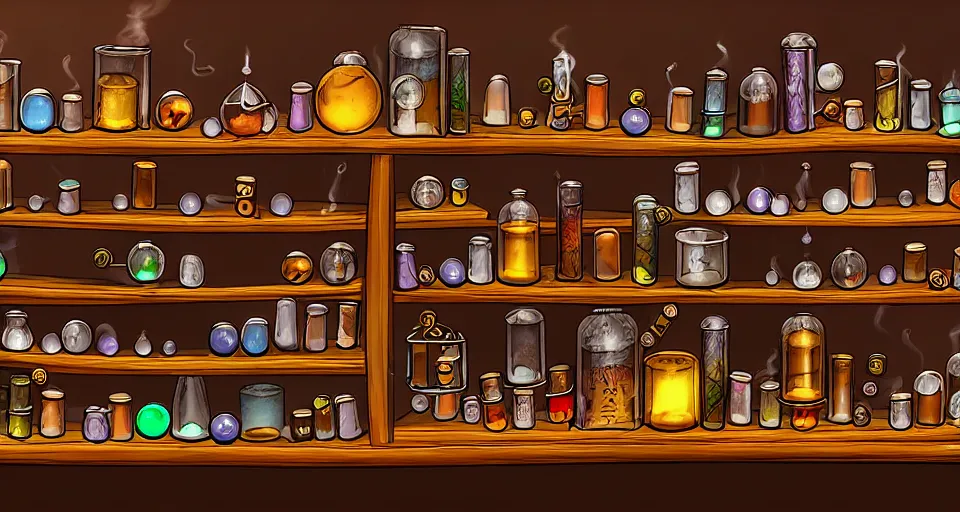 Image similar to a bookshelf of wonderful magical experiments, located in a wizard's shop, full of trinkets and magical potions flasks vials, bubbling liquids, smoking vessels, detailed, 4 k