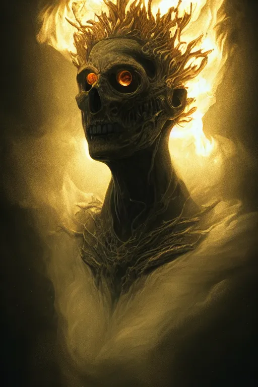 Prompt: portrait of a ghost burning in the darkness space, ancient wood environment, Cinematic lighting, insanely detailed, trending on artstation, golden ratio, concept art by Agesandro de Rodas & Emil Melmoth