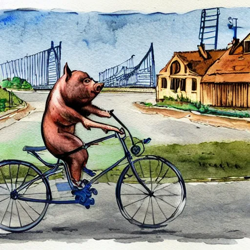 Image similar to a pig riding a bicycle on the road by the seaport,detailed watercolor pen ink illustraion by Hugo Prades