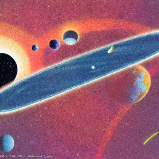 Image similar to a nasa ship entering the atmosphere of a planet, 1 9 7 0 s illustration, saturated colors