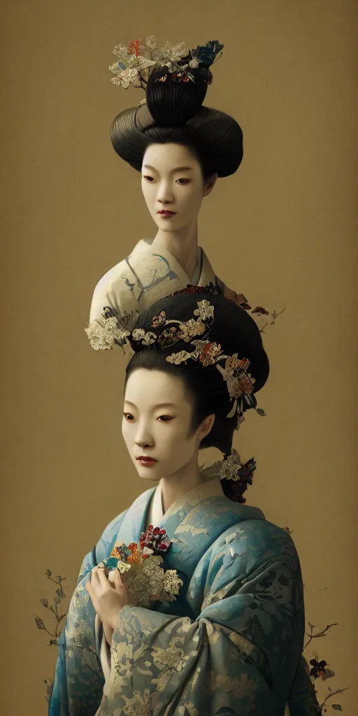 Prompt: portrait of a geisha, fractal, intricate, elegant, highly detailed, digital photography, subsurface scattering, cinematic lighting, by jheronimus bosch and james jean and greg rutkowski