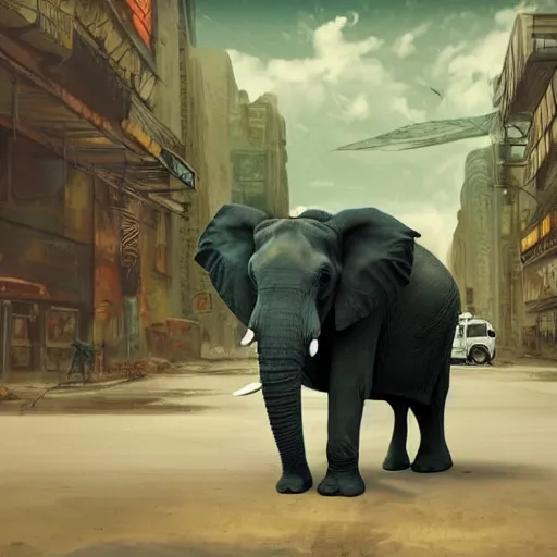 Image similar to elephant in a post apocalyptic city where the sky is green