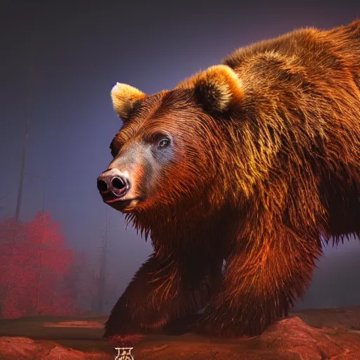 Image similar to Photorealistic horned bear. Hyperdetailed photorealism, 108 megapixels, amazing depth, glowing rich colors, powerful imagery, psychedelic Overtones, 3D finalrender, 3d shading, cinematic lighting, artstation concept art