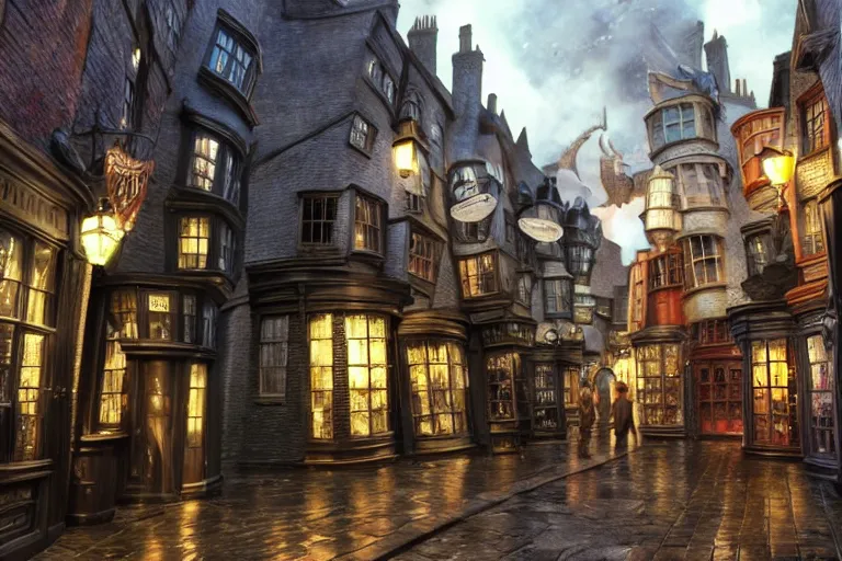 Image similar to the most amazing dream you ever had about diagon alley, hyper realistic, ambient lighting, concept art, intricate, hyper detailed, smooth, volumetric lighting, octane